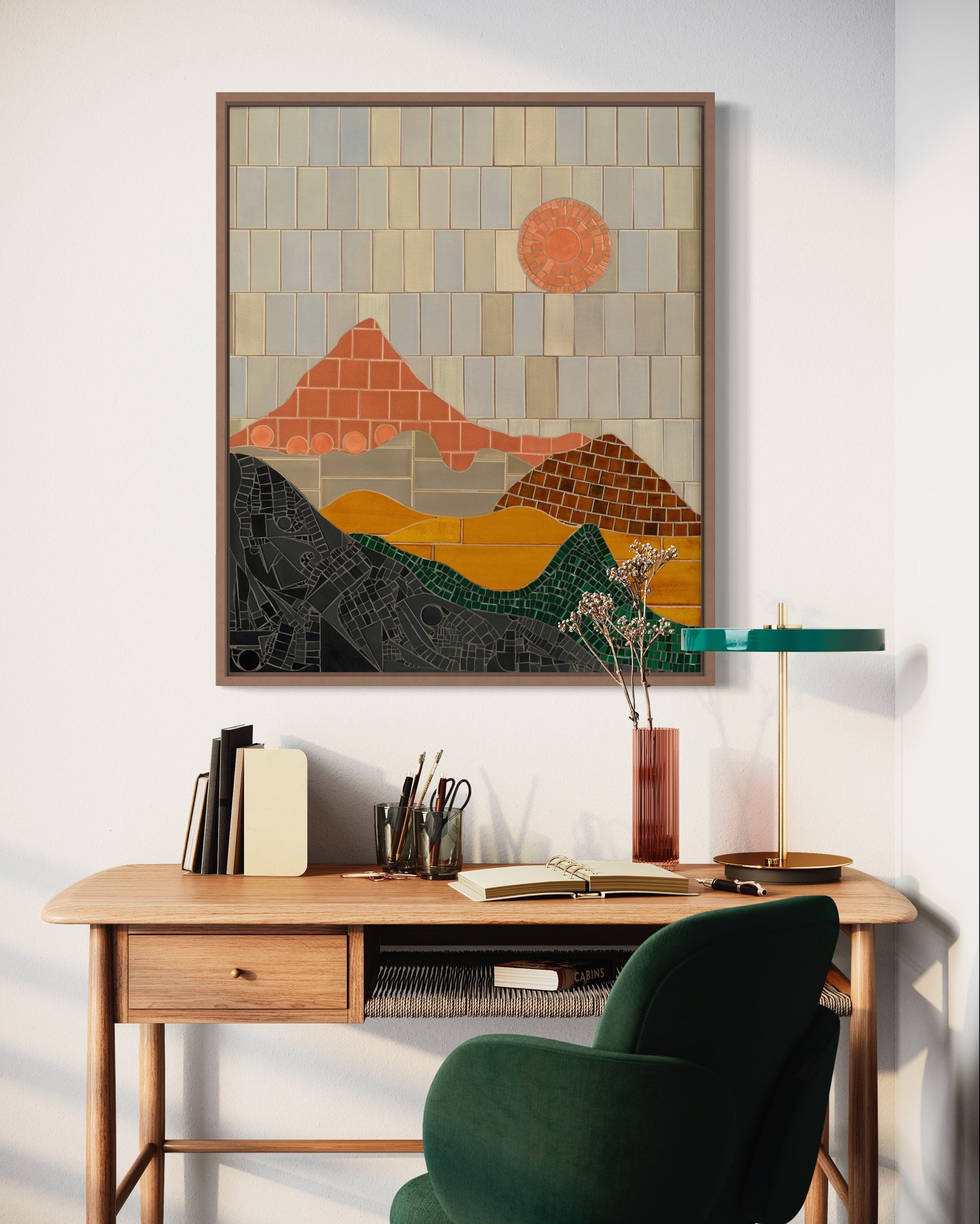 Dusty Sunstone Vista Mosaic Art in a frame, hanging in an office