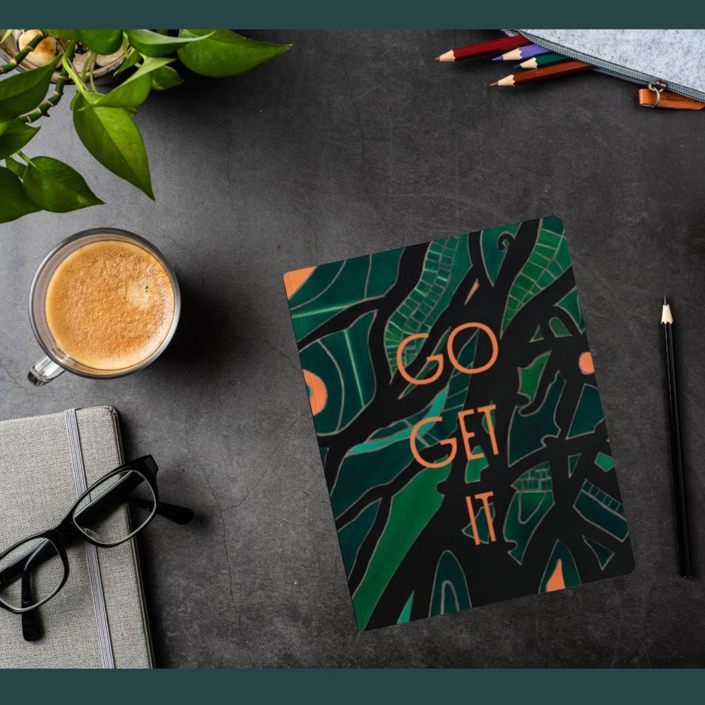 Go Get it Notebook with Pencils, Cup of Coffee and Glasses