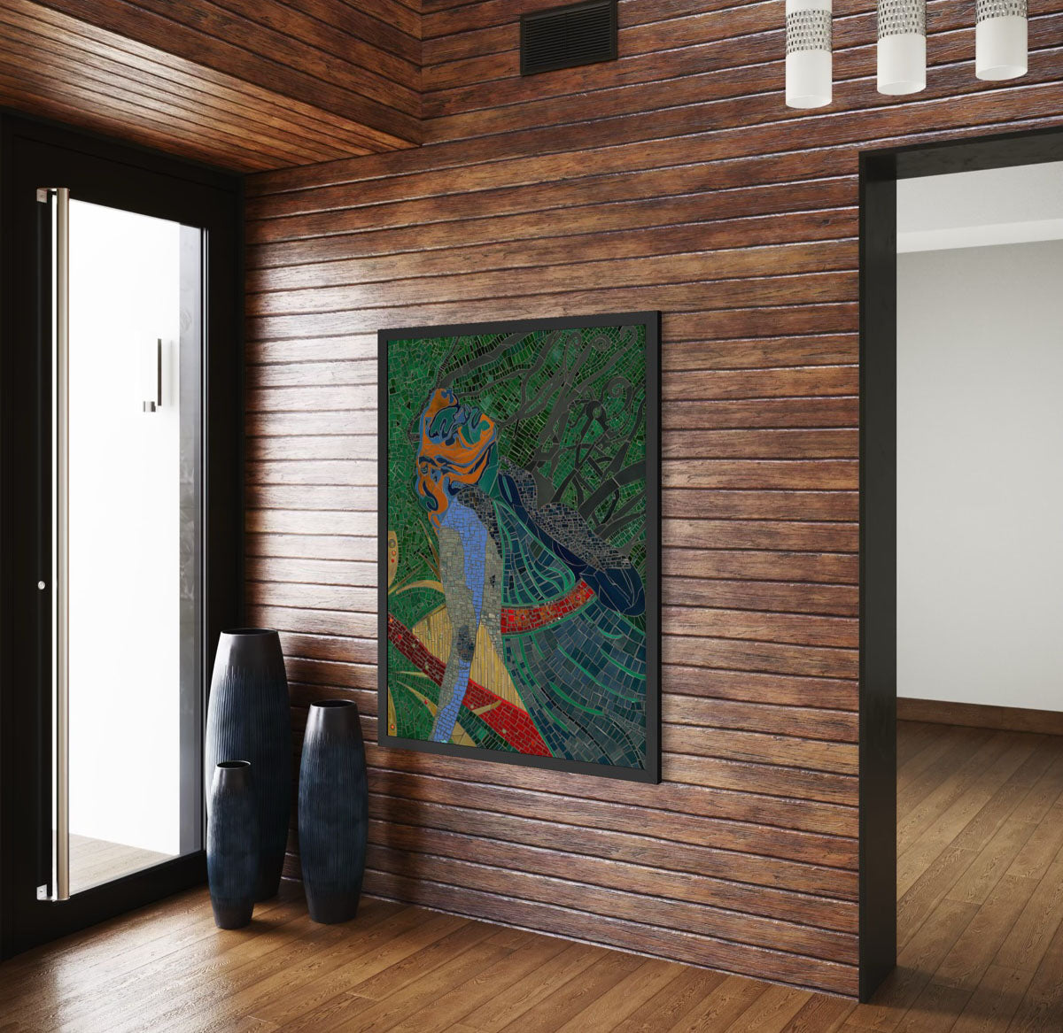 Her Revival mosaic artwork by Mercedes Austin displayed in a modern interior