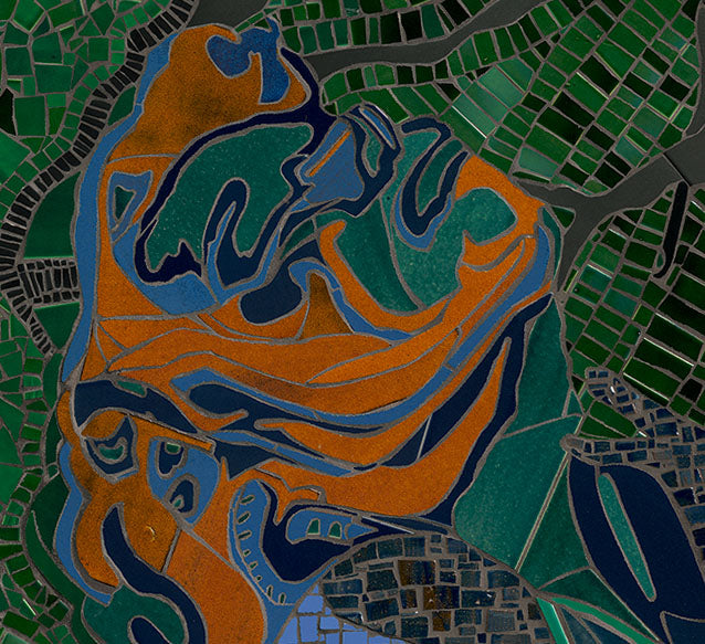 Detail of Her Revival mosaic showing hand-cut ceramic tesserae by Mercedes Austin