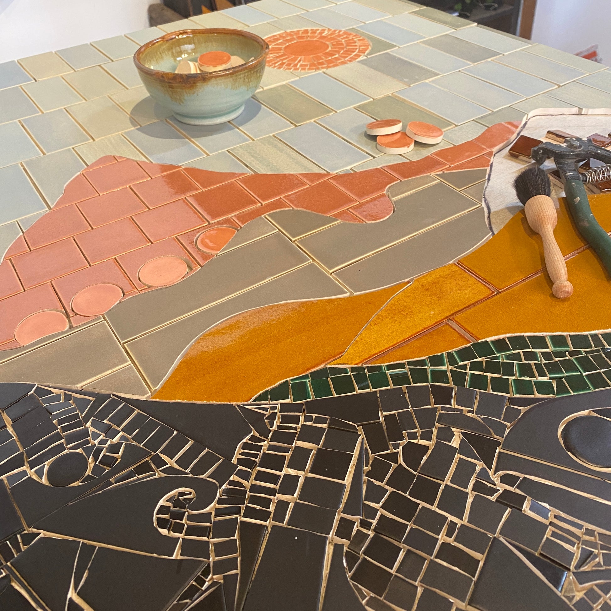 Dusty Sunstone Vista lanscape mosaic art in progress