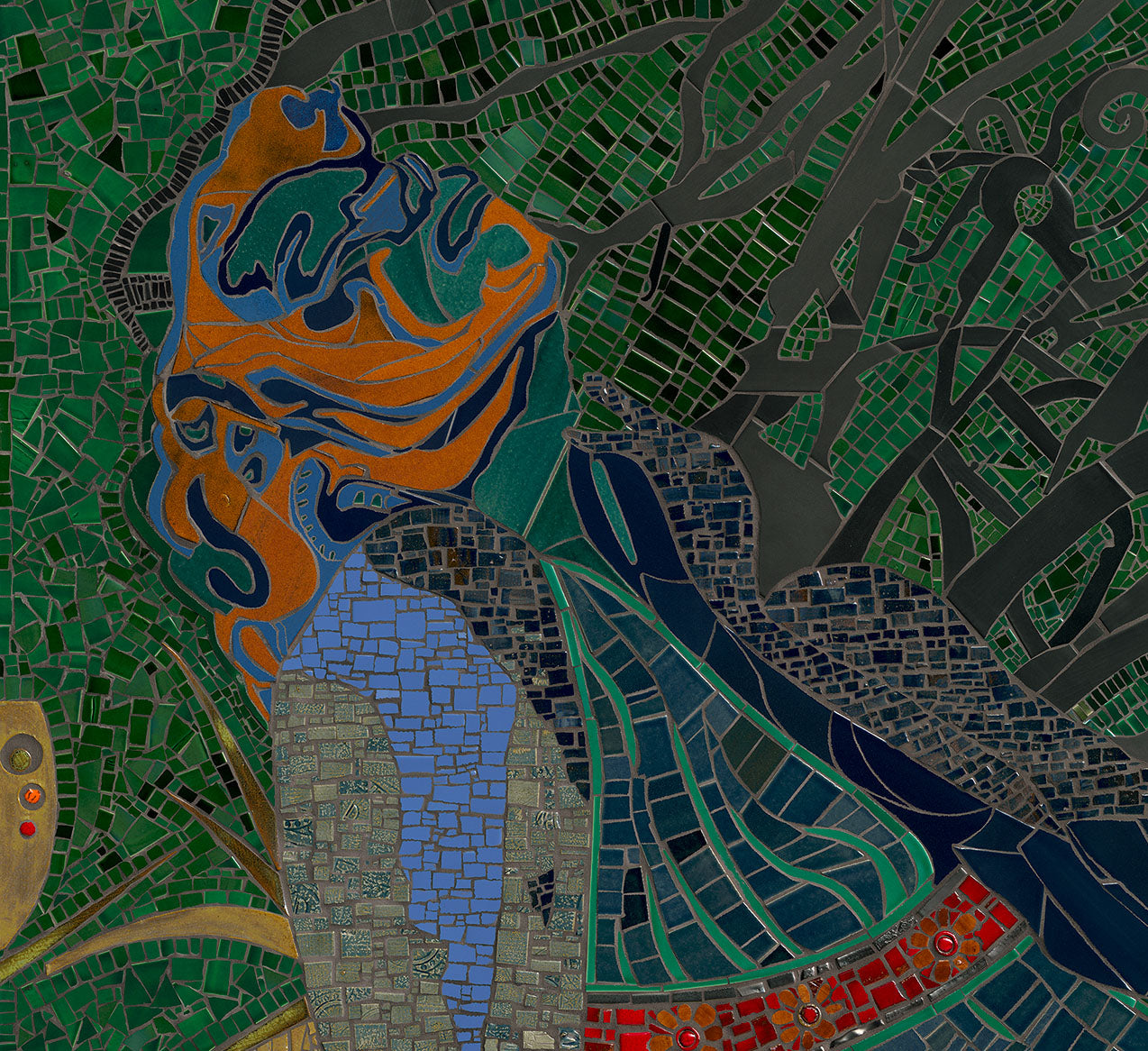 Mosaic artwork of a woman with flowing hair and draped fabric, featuring a variety of colors created from reclaimed ceramic tile in Her Revival mosaic artwork