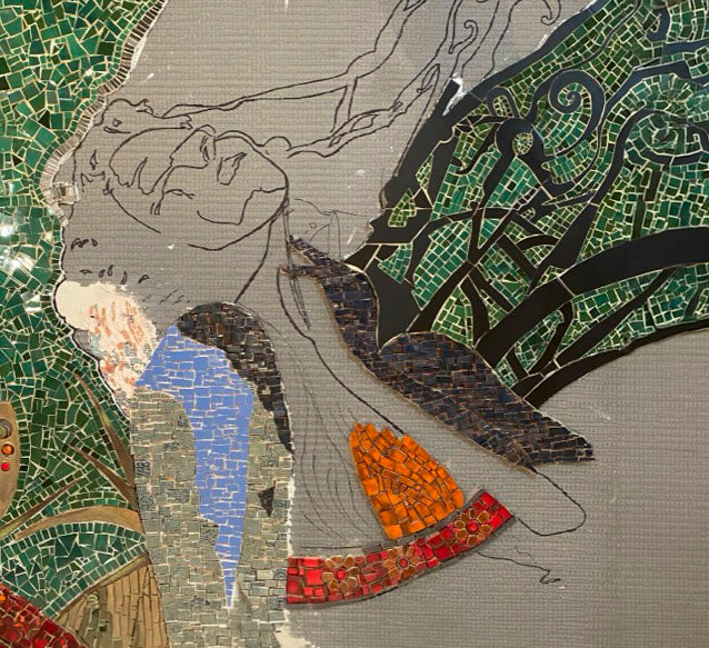 In-progress view of hand-cut mosaic artwork Her Revival in the Minneapolis studio