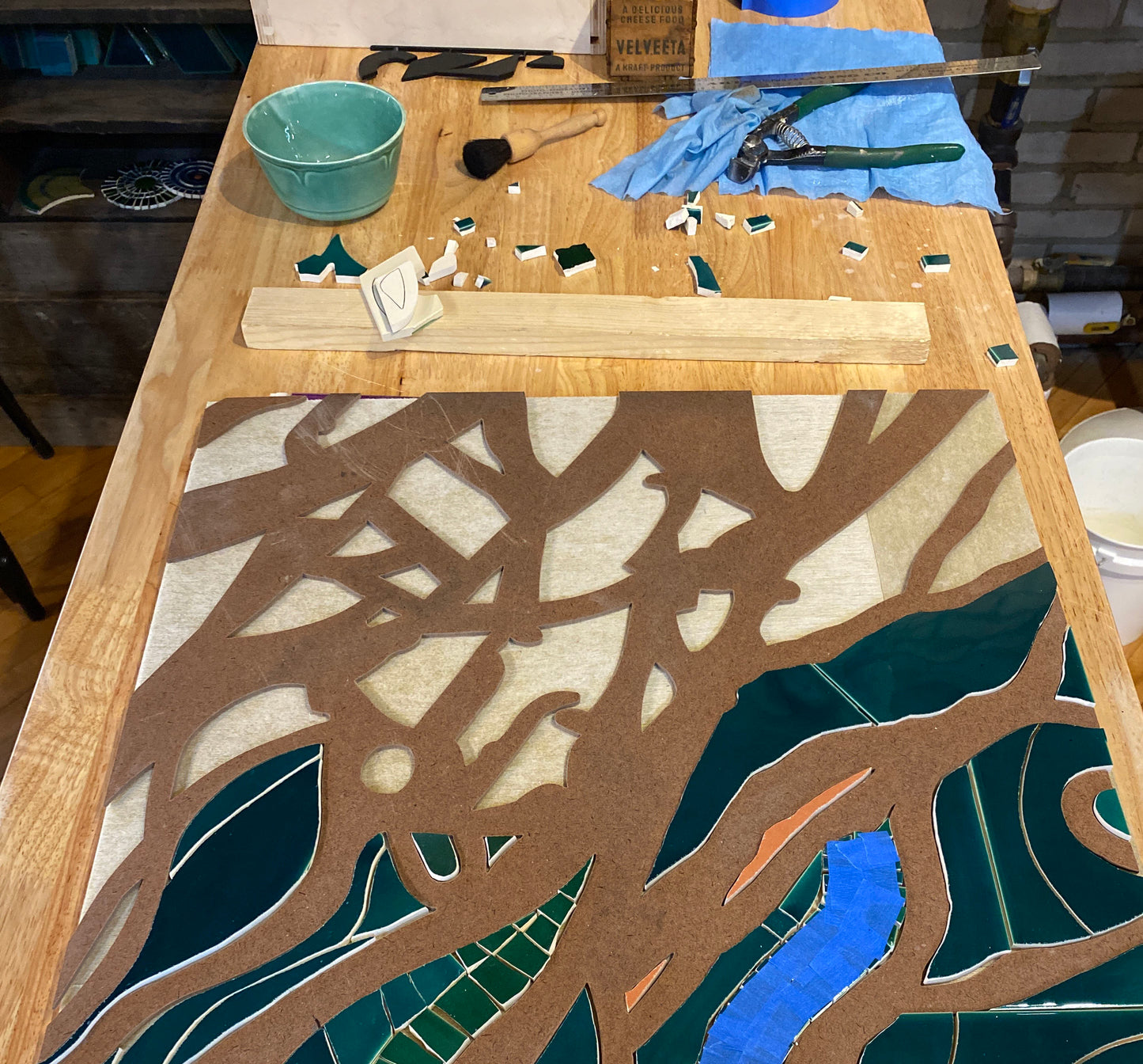 In-progress view of What Holds Series mosaic in the Minneapolis studio